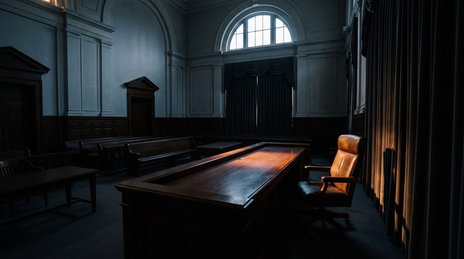 An empty courtroom in low light, the judge's bench unoccupied.